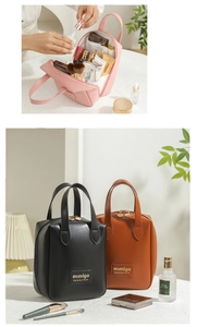 Close-up of PU shell makeup bag with inner compartments and gold double zipper detail