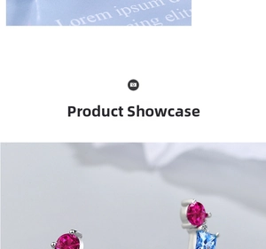 Detail of colorful round red and square blue zircon stones in silver claw setting