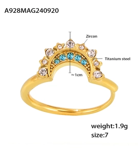 Detail of titanium steel crown ring with blue zircon and exact size measurements