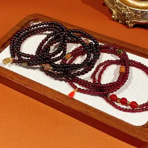 Garnet Beaded Multi Wrap Bracelet With Agate Jade Strawberry Crystal And Fu Character Gourd Pendant Chinese Style Women