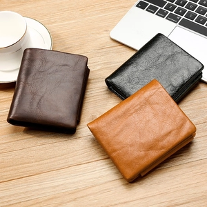 Carteras retro de cuero encerado para hombre, diseño de tres pliegues, varios colores