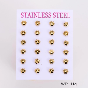Detailed set of 12 pairs of golden stainless steel paw print stud earrings on card