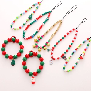 Christmas Phone Lanyard Charm Acrylic Beads Metal Bell Anti Drop Wrist Strap Santa Claus Holiday Party Decoration Gift