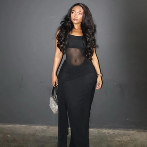 Black Mesh Patchwork Maxi Dress See Through Waist Ruched Bodycon Spaghetti Strap Streetwear Sexy Solid