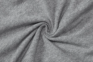 Close-up of gray knit fabric showing the soft texture and fiber details of the cardigan