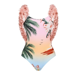 Detail of tropical palm print swimsuit featuring pink 3D ruffle shoulder accents