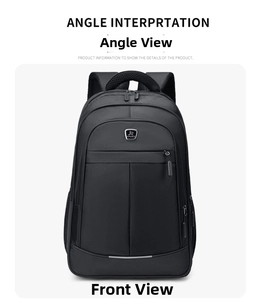 Front detail of black waterproof laptop backpack featuring multiple compartments and metal logo