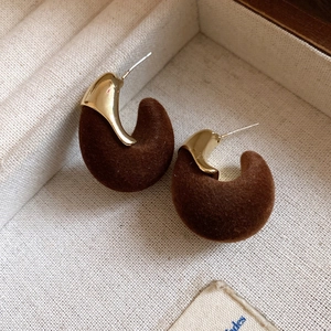 Macro shot of C-shaped flocking earrings with golden metal contrast in jewelry box