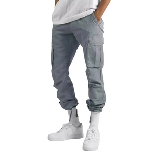 Men's fashion cargo pants in grey with multiple pockets and drawstring elastic cuffs