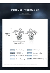 Detail view of 925 sterling silver bow earrings with 0.5ct sparkling moissanite stones
