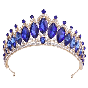 Golden baroque bridal crown featuring deep blue marquise crystals and white rhinestones