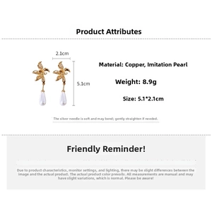 Detailed spec view of flower pearl earrings with size 5.1cm and silver needles
