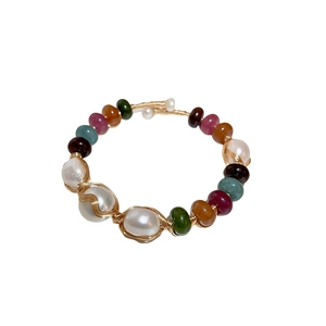 Baroque pearl open bangle with colorful gemstones and handmade gold wire wrap