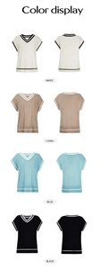 Detailed color display of V-neck knit vests showing cable knit texture and striped trims