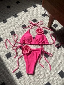 Hot pink 2025 bikini set with 3D rose flower accents and adjustable side ties