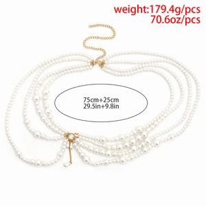 Sexy multilayer faux pearl body chain with golden metal links for beach vacation wear