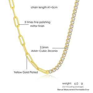 Gold paperclip link necklace with 2.5mm cubic zirconia and adjustable chain extension