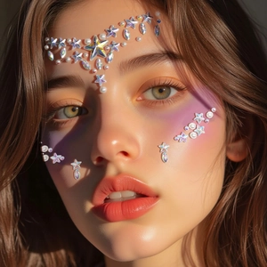 Close-up of star rhinestones and white pearls face jewels applied on model skin