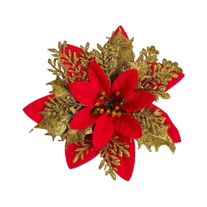 Sparkling 14cm red and gold glitter artificial poinsettia flower for Christmas tree decor