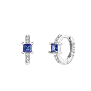 Detail view of Ag 925 silver hoop earrings with square blue gemstone and cubic zirconia