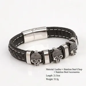 Handwoven black leather skull bracelet for men with magnetic clasp, length 21.5cm