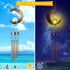 Solar moon wind chime with hollow metal design showing day/night auto-on warm light effect