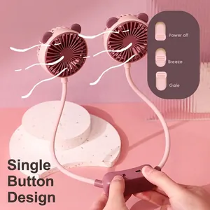 Portable pink hanging neck fan with cute cartoon ears, USB rechargeable design for summer