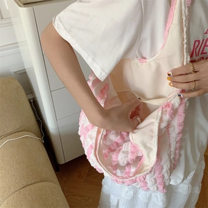 Top view of pink and white bubble texture tote bag showing spacious interior opening