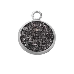 Round 12mm stainless steel pendant charm featuring black stone inlay for DIY jewelry