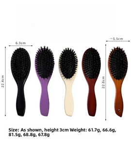 Size chart showing dimensions for wooden boar bristle hair brushes in various finishes