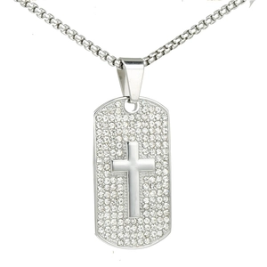 Stainless Steel Cross Dog Tag Pendant Necklace Rhinestone Inlaid Hip Hop Religious Jewelry For Men Women Silver Tone