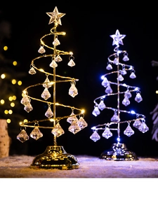 Detail of spiral crystal Christmas tree lamps with warm yellow and cool blue LED lights