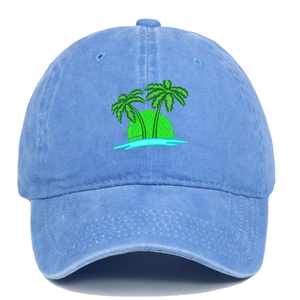 Sky blue washed cotton baseball cap featuring palm tree embroidery for outdoor sun protection