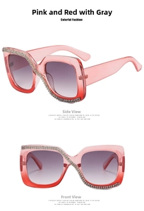 Detail of square gradient pink sunglasses featuring decorative rhinestone-encrusted frames