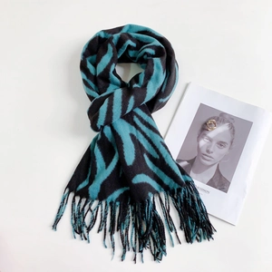 Winter striped animal print scarf with fringe tassels in black and teal green cashmere blend
