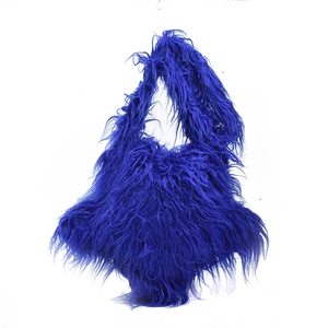 Minimalist blue plush faux fur handbag with stylish shoulder strap for women