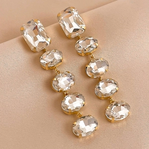 Elegant Alloy Rhinestone Long Dangle Drop Earrings With 925 Sterling Silver Earring Post Fashion Geometric Jewelry For Women