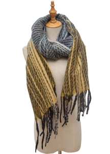 Close-up of knit scarf with yellow and blue gradient stripes and fringe details on mannequin