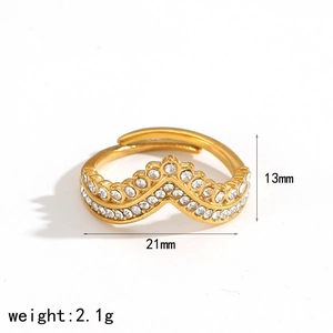 18k gold plated V-shaped double row rhinestone ring with crown design and 13mm height