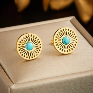 Vintage boho gold earrings with turquoise inlay and sunburst hollow pattern