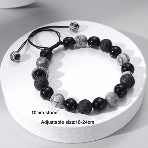Adjustable 10mm lava and map stone beaded bracelet for men in vintage style