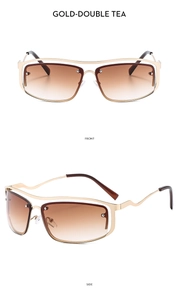 Front and side view of gold metal Y2K aviator sunglasses with brown gradient lenses