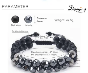 Detail view of 8mm double-layered matte black stone and hematite beads with size specs