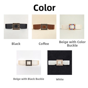 Detail showing various colors of elastic waist belts with acrylic square buckle and rhinestones