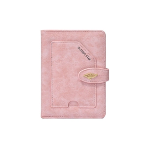 Pink RFID blocking passport holder in lychee grain PU leather with leaf buckle