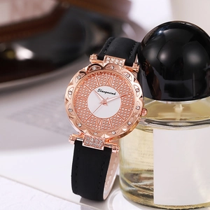 Elegant rose gold quartz watch for women with rhinestones and black leather strap
