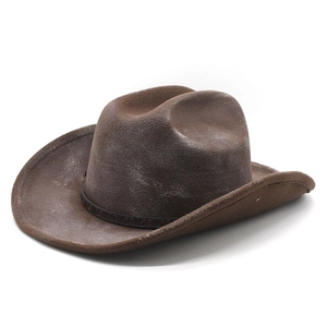 Vintage dark brown western cowboy hat with distressed texture and embossed leather band