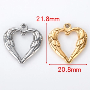 Macro view of gold and silver heart angel wing pendants with size 21.8mm x 20.8mm