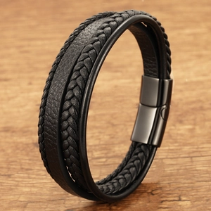 Men Multilayer Braided Leather Bracelet With Magnetic Buckle Punk Style Ethnic Handmade Vintage Jewelry Accessory