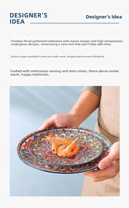 Detail of bohemian ceramic plates with vibrant mandala patterns and glazed floral texture
